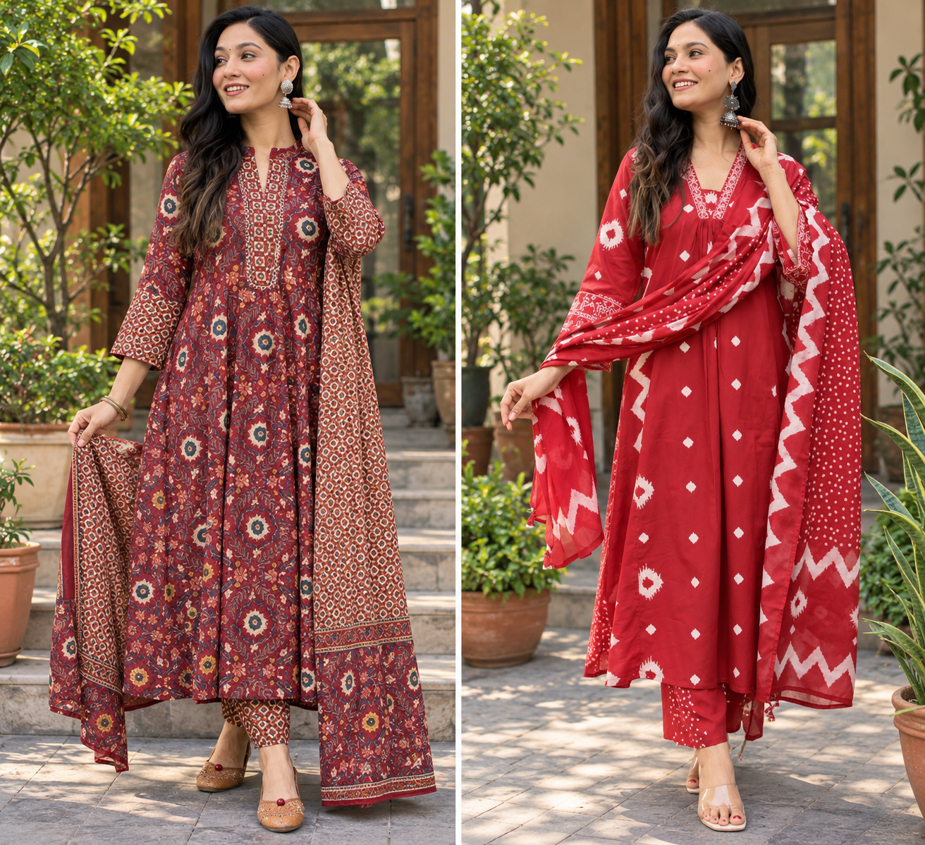 Twin Red Ethnic Looks in a Courtyard